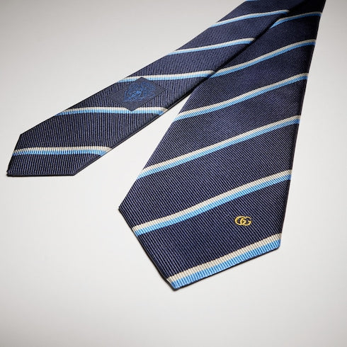 Striped Double G silk jacquard tie - blue and light blue