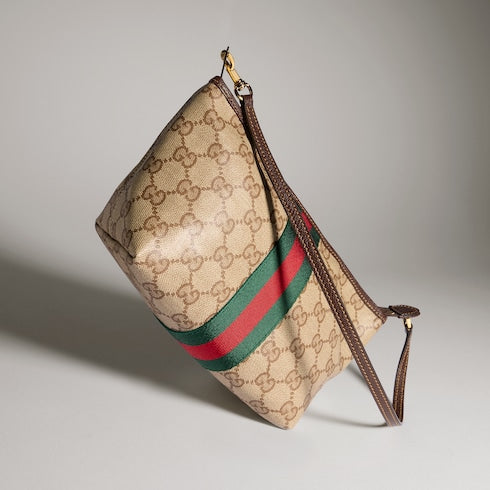 Small pouch with strap and Web - sand and brown GG canvas