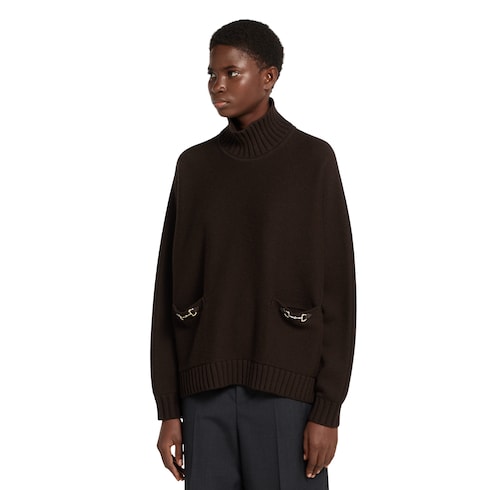 Wool cashmere sweater with Horsebit - dark brown