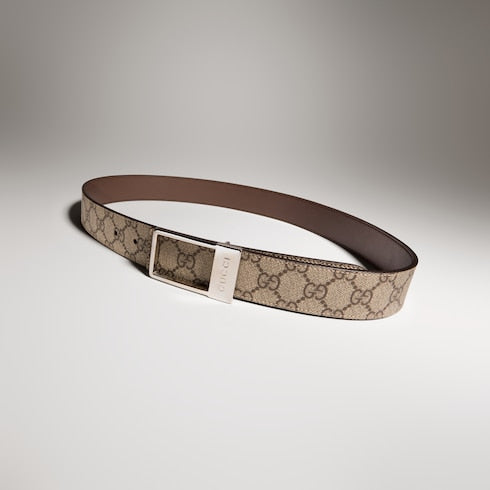 Reversible belt with rectangular buckle - beige GG Supreme and brown leather