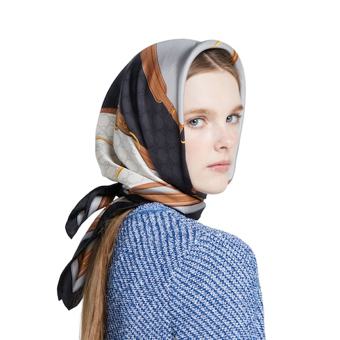 Printed silk twill carré - grey and ivory