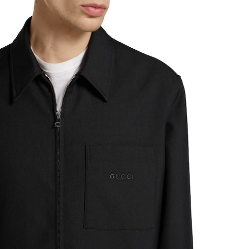 Wool twill zip overshirt - black