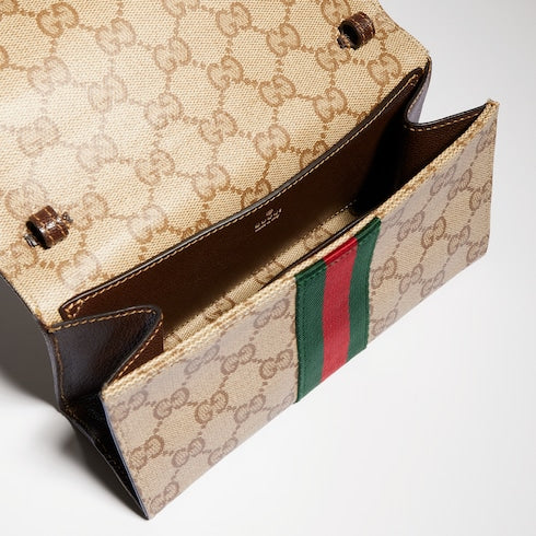 Small pouch with strap and Web - sand and brown GG canvas