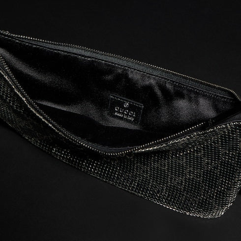 Metallic evening bag with charm - black and silver GG mesh