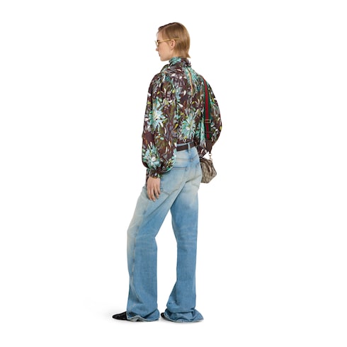 Flared bleached cotton denim pants - light blue