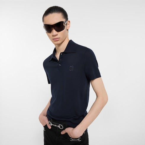 Knit wool polo shirt with embroidery - dark blue