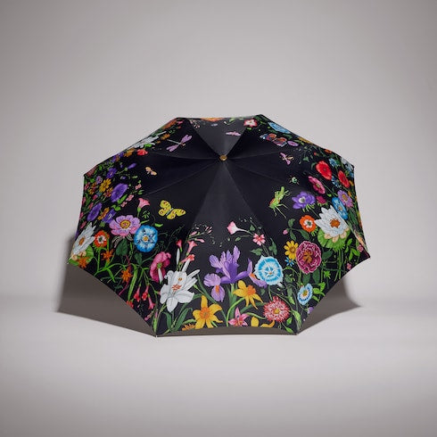 Nylon foldable umbrella with Gucci Flora print - black and multicolor