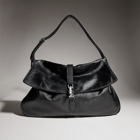 Jackie Flap large crossbody bag - black grainy leather