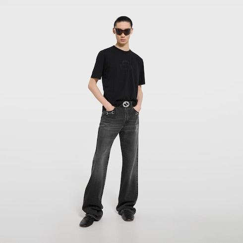 Cotton jersey T-shirt with devoré detail - black