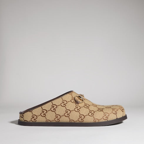 Women's mule with Horsebit - camel and dark brown GG canvas