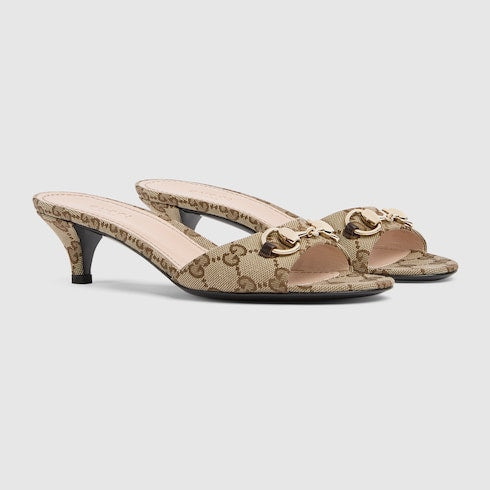 Women's slide sandal with Horsebit - beige and brown GG canvas