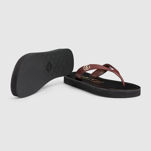 Women's thong sandal with Double G - brown and yellow leather
