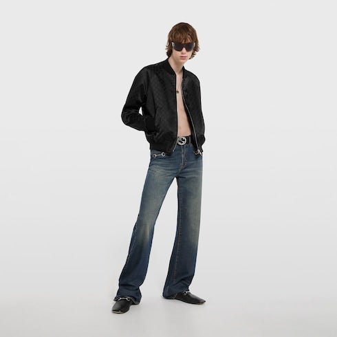 GG cotton satin zip jacket with piping - black