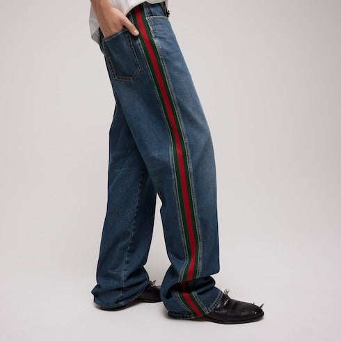 Cotton denim pants with Web insert - blue