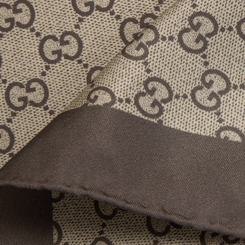 Printed silk twill diamond scarf - camel and brown