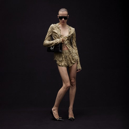 Printed silk shirt - ivory and brown