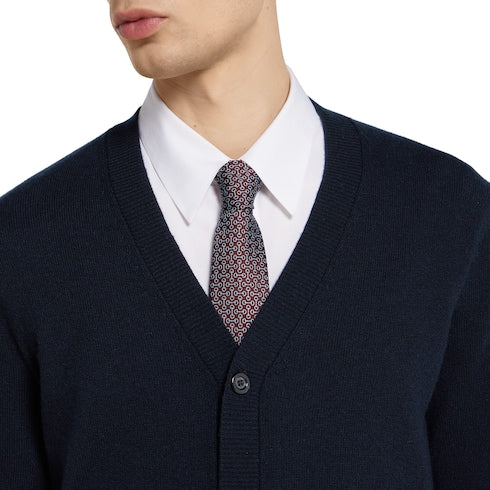 Fine cashmere cardigan with intarsia - navy