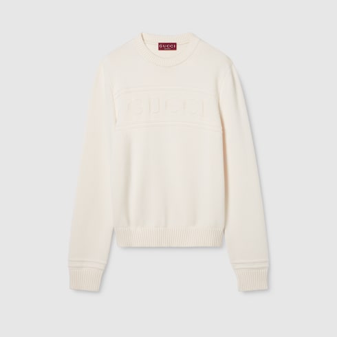 Knit cotton wool sweater with intarsia - white