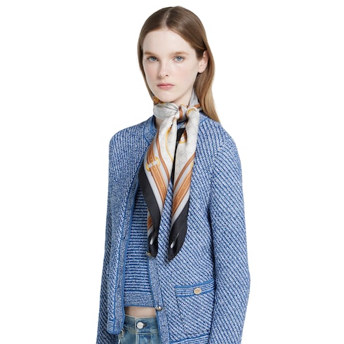 Printed silk twill carré - grey and ivory