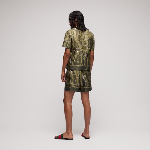 Printed silk twill shorts - dark green and beige