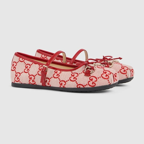 Children's ballet flat with Horsebit - beige and red GG canvas