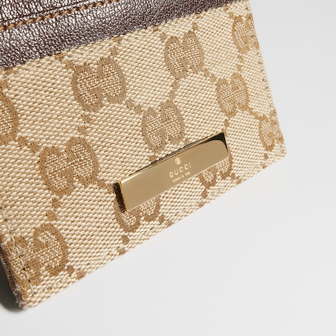 Card case with Gucci plaque - sand and brown GG canvas