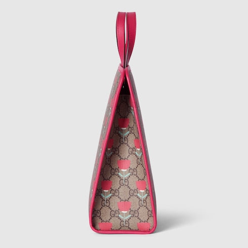 Children's flower print tote bag - beige and dark brown
