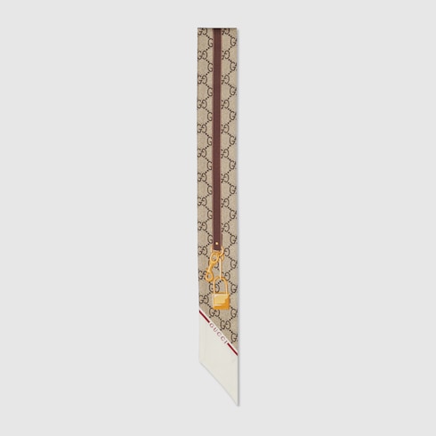 Printed silk twill ribbon - beige and ebony GG