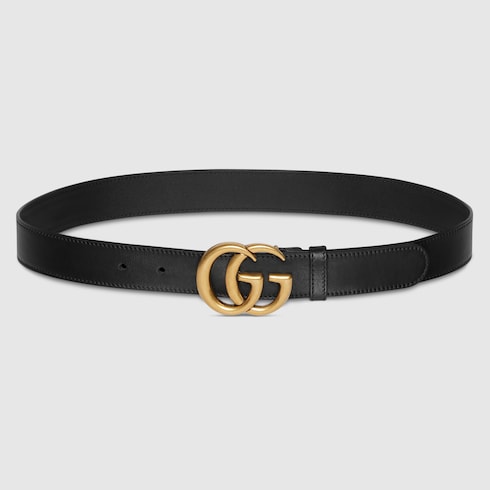Men's Slim Black Leather Belt With Gold Double G Buckle