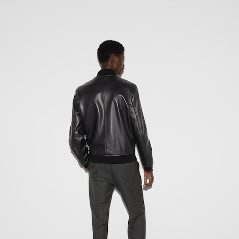 Leather bomber jacket with Web - black