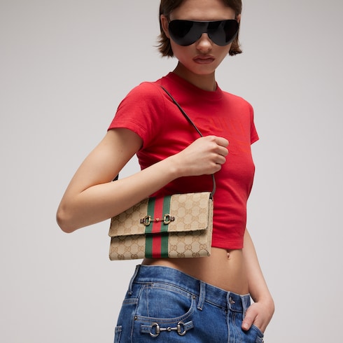 Gucci Horsebit Web wallet with strap - sand and brown GG canvas