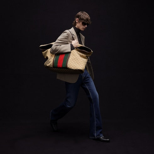 Medium GG duffle bag with Web - sand and brown GG canvas