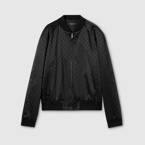 GG cotton satin zip jacket with piping - black