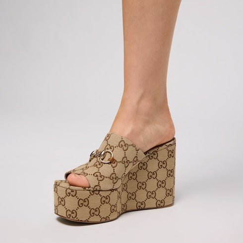 Women's wedge sandal with Horsebit - beige and dark brown GG canvas