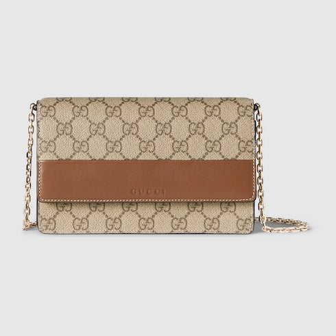 GG Emblem wallet on chain - brown leather