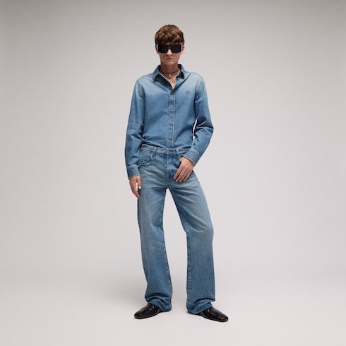 Flared denim pants with Horsebit - light blue