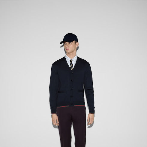 Wool knit cardigan with Web - dark blue