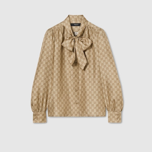 Printed silk twill shirt with bow - sand