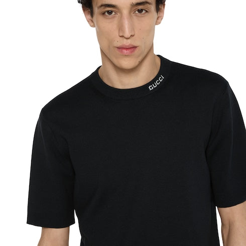 Silk cotton T-shirt with Gucci intarsia - black