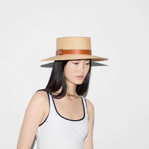 Straw hat with leather detail - natural