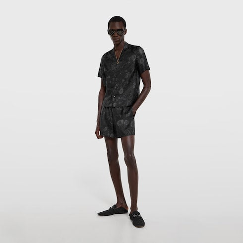 Printed silk twill bowling shirt - black and grey