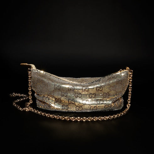 Metallic evening bag with charm - gold and brown GG mesh