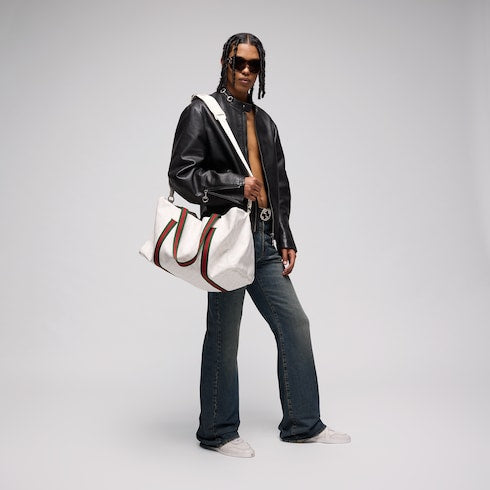Medium duffle bag with Web - white GG Supreme