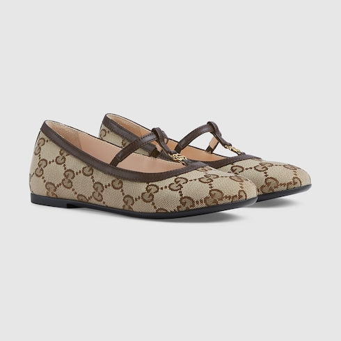 Children's Double G ballet flat - beige and ebony GG canvas