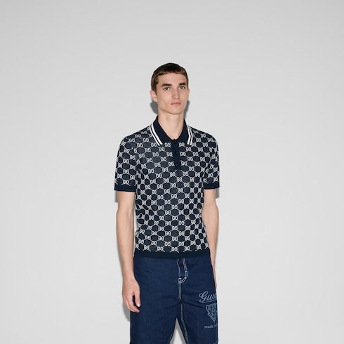GG cotton knit jacquard polo shirt - navy and white