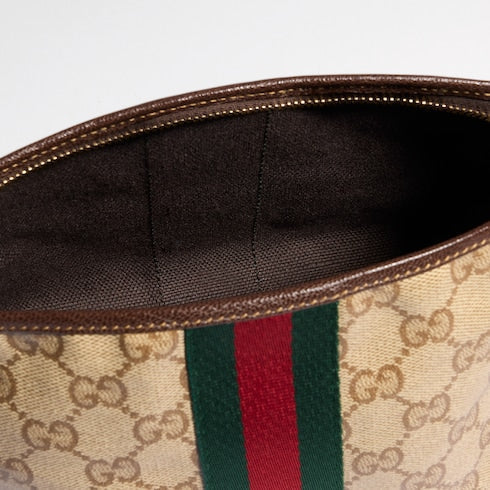 Small pouch with strap and Web - sand and brown GG canvas