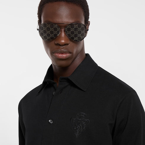 Cotton piquet shirt with embroidery - black