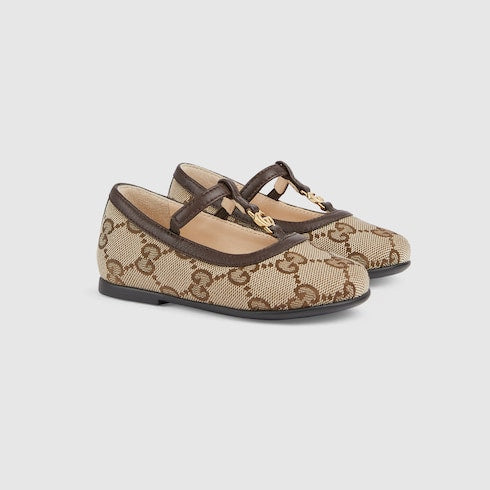 Toddler Double G ballet flat - beige and ebony GG canvas