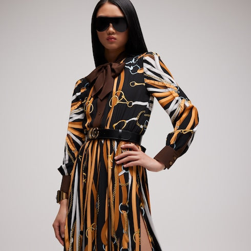 Printed silk chemisier dress - black and brown