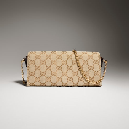 Wallet on chain with Horsebit - sand and brown GG canvas
